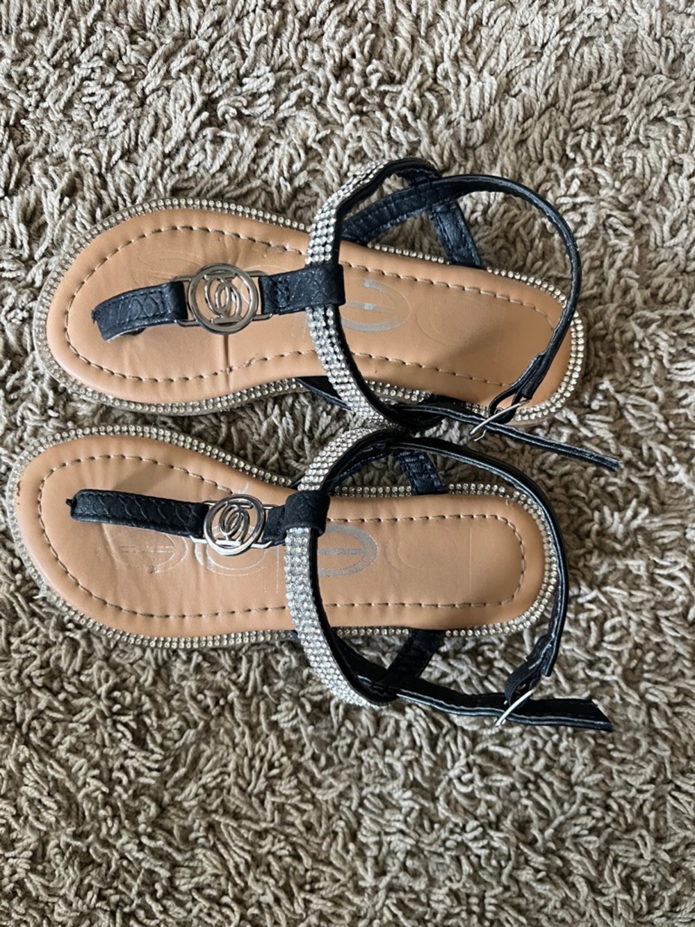 bebe Black Rhinestone T-Strap Sandals with Tan Insole
